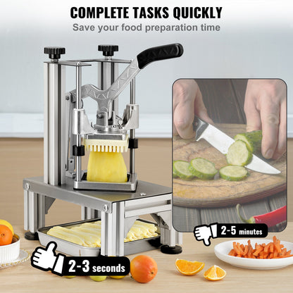 Kommersiell pommes fritesskärare med 4 ersättningsblad, 1/4" & 3/8" Blade Easy Dicer Chopper, 6-klyftare och 6-klyftare äppelkärare, citronpotatisskärare för pommes frites med bricka och handtag