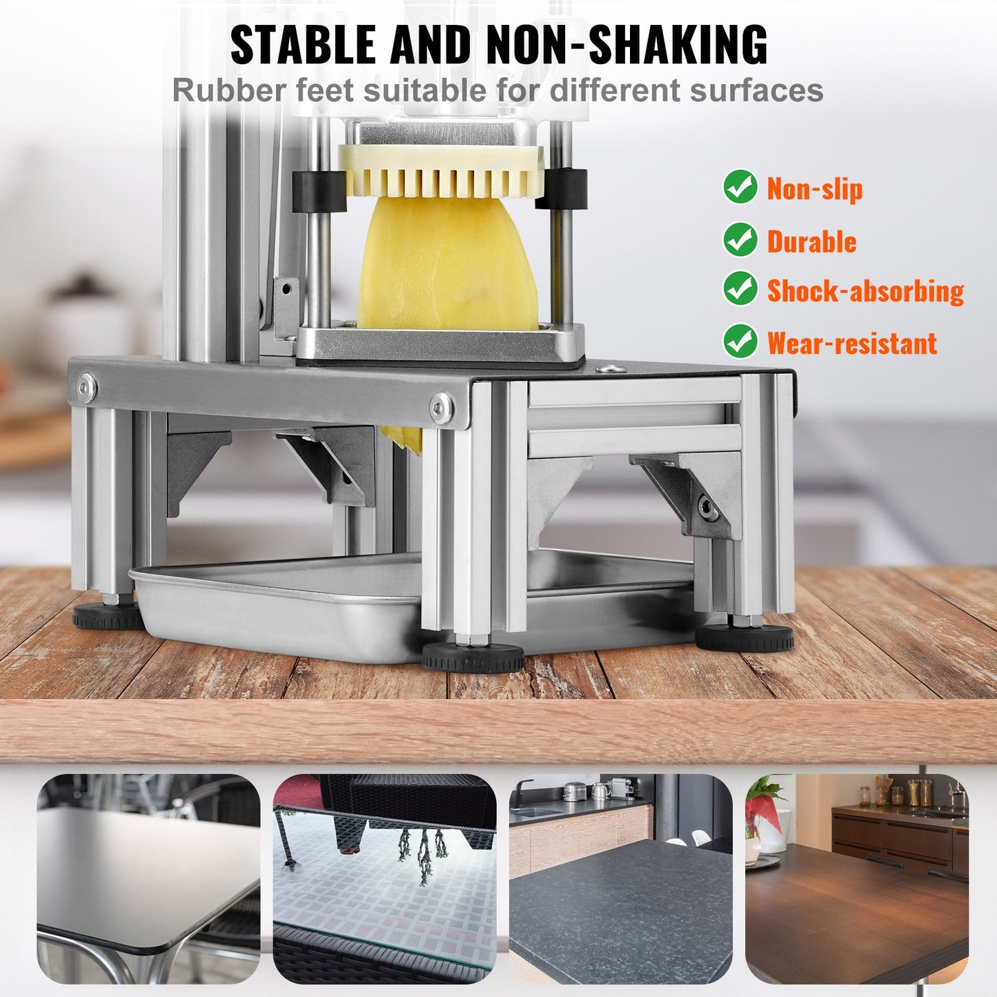 Kommersiell pommes fritesskärare med 4 ersättningsblad, 1/4" & 3/8" Blade Easy Dicer Chopper, 6-klyftare och 6-klyftare äppelkärare, citronpotatisskärare för pommes frites med bricka och handtag