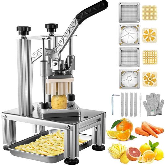 Kommersiell pommes fritesskärare med 4 ersättningsblad, 1/4" & 3/8" Blade Easy Dicer Chopper, 6-klyftare och 6-klyftare äppelkärare, citronpotatisskärare för pommes frites med bricka och handtag
