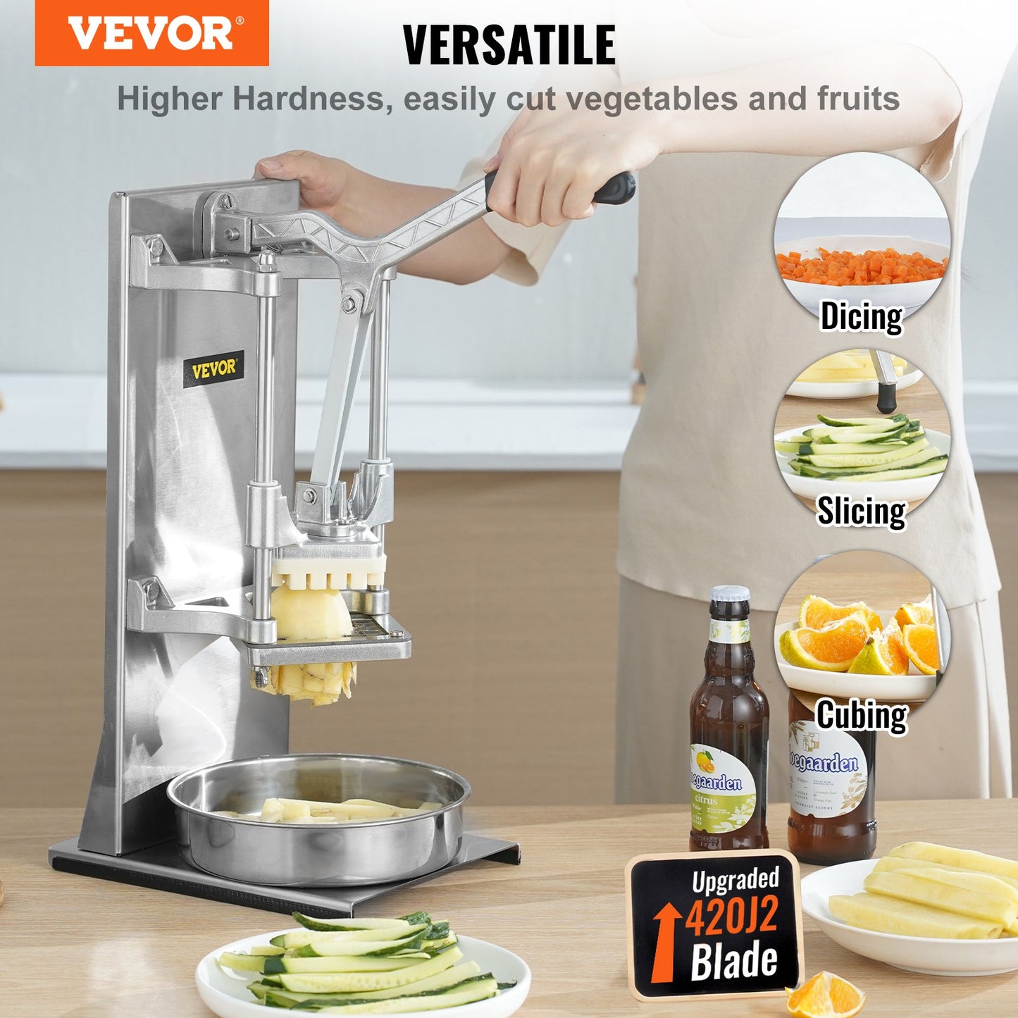 Kommersiell pommes fritesskärare med 4 ersättningsblad, 1/4" och 3/8" Blade Easy Dicer Hackare, 6-klyftare och 6-klyftar äppelkärare, citronpotatisskärare för pommes frites med förlängt handtag
