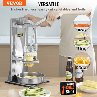 Kommersiell pommes fritesskärare med 4 ersättningsblad, 1/4" och 3/8" Blade Easy Dicer Hackare, 6-klyftare och 6-klyftar äppelkärare, citronpotatisskärare för pommes frites med förlängt handtag
