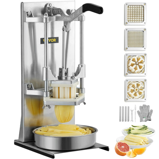 Kommersiell pommes fritesskärare med 4 ersättningsblad, 1/4" och 3/8" Blade Easy Dicer Hackare, 6-klyftare och 6-klyftar äppelkärare, citronpotatisskärare för pommes frites med förlängt handtag