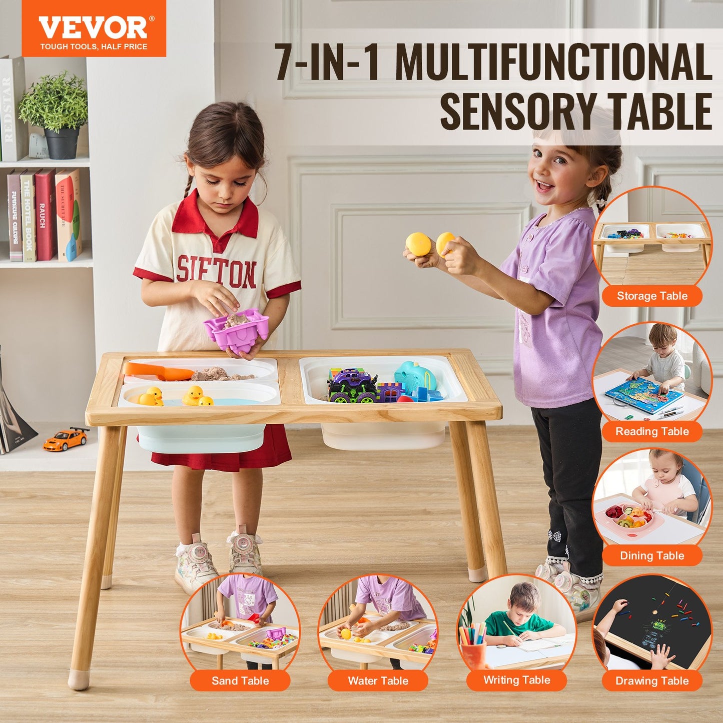 Kids Sensory Table Indoor Wooden Play Sand Water Table with 3 Storage Compartments