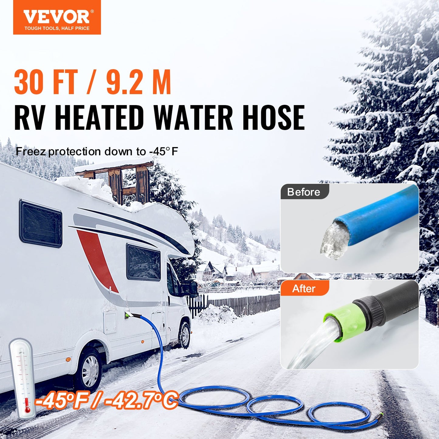 30ft Heated Water Hose for RV -45℉ Anti-Freeze Heated Drinking Water Hose