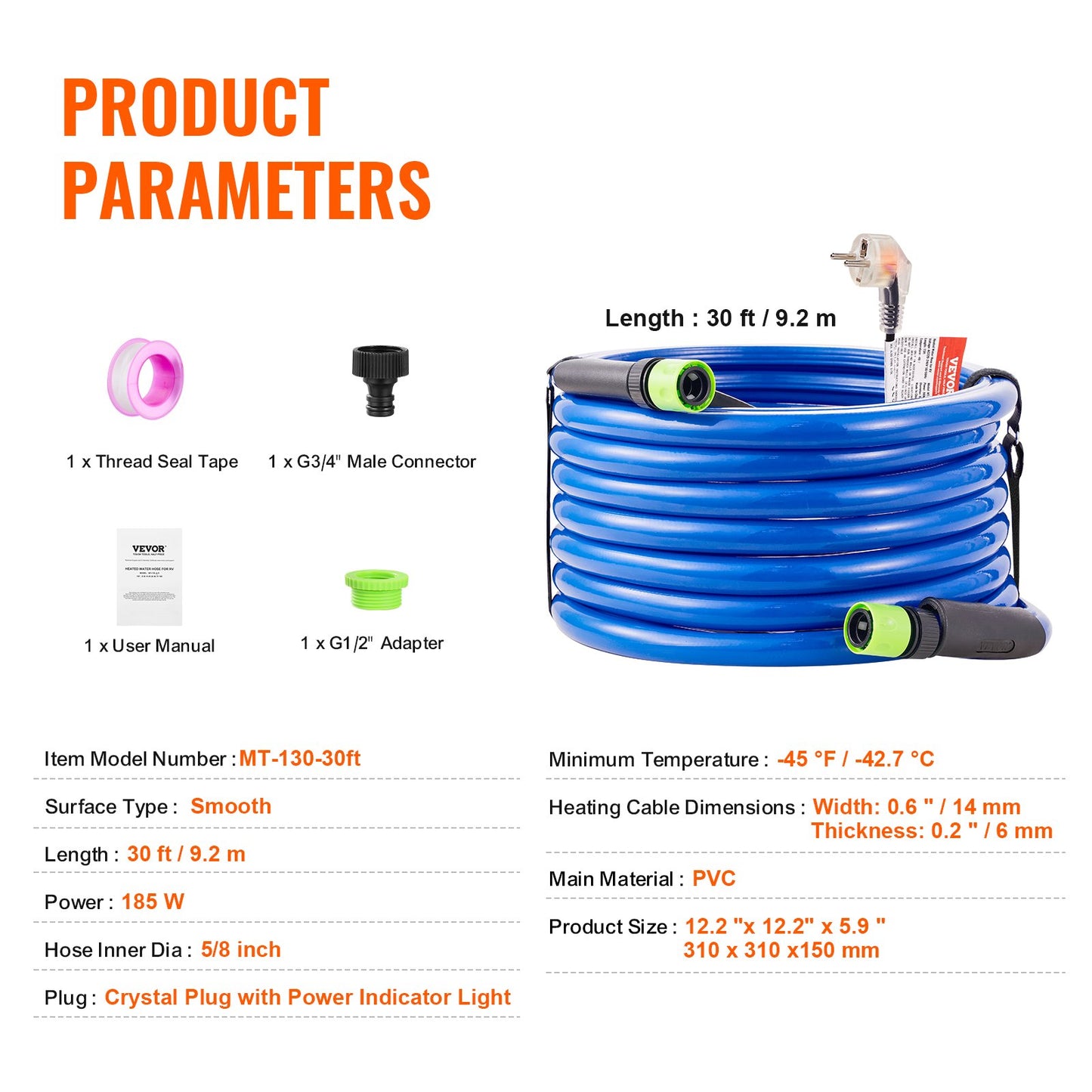 30ft Heated Water Hose for RV -45℉ Anti-Freeze Heated Drinking Water Hose