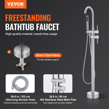 Freestanding bathtub faucet, floor mounting, freestanding bathtub filling, shower mixer, two water settings, 360° rotatable spout, for bath and shower Pet bath Drain cleaning Toilet flushing