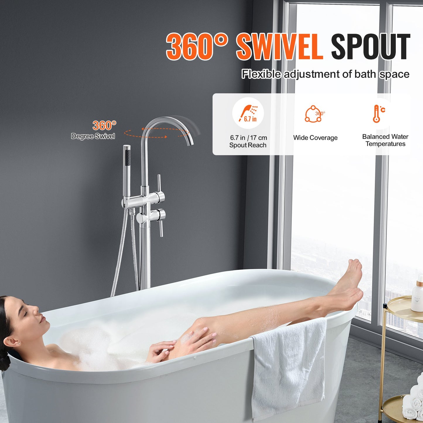 Freestanding bathtub faucet, floor mounting, freestanding bathtub filling, shower mixer, two water settings, 360° rotatable spout, for bath and shower Pet bath Drain cleaning Toilet flushing