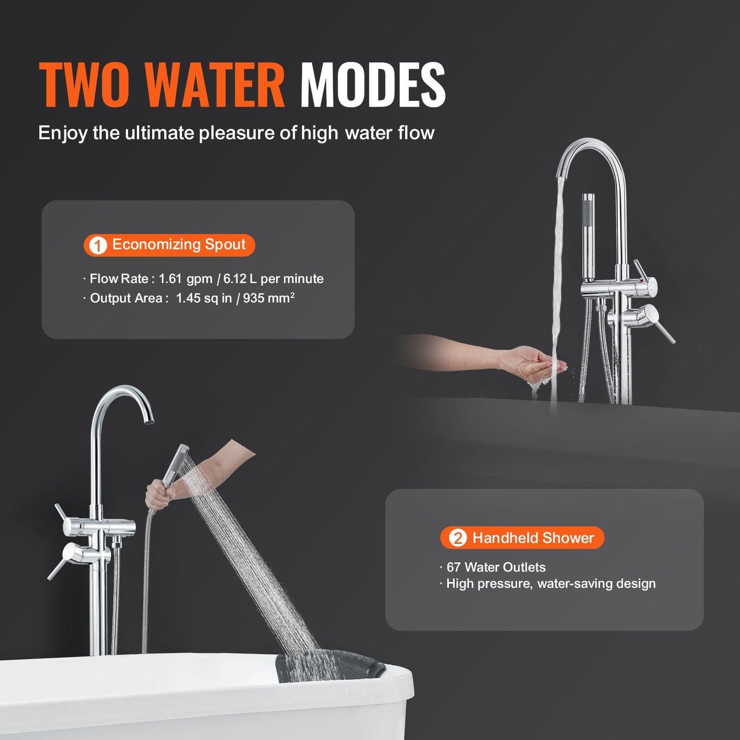 Freestanding bathtub faucet, floor mounting, freestanding bathtub filling, shower mixer, two water settings, 360° rotatable spout, for bath and shower Pet bath Drain cleaning Toilet flushing