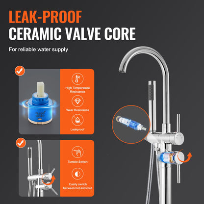 Freestanding bathtub faucet, floor mounting, freestanding bathtub filling, shower mixer, two water settings, 360° rotatable spout, for bath and shower Pet bath Drain cleaning Toilet flushing