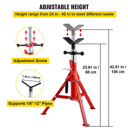 V Head Pipe Stand 1/8"-12" Kapacitet, Justerbar höjd 24"-42", Pipe Jack Stands 2500 lb. Belastningskapacitet, Portabla hopfällbara rörstativ, Kolstålkropp Mer hållbart