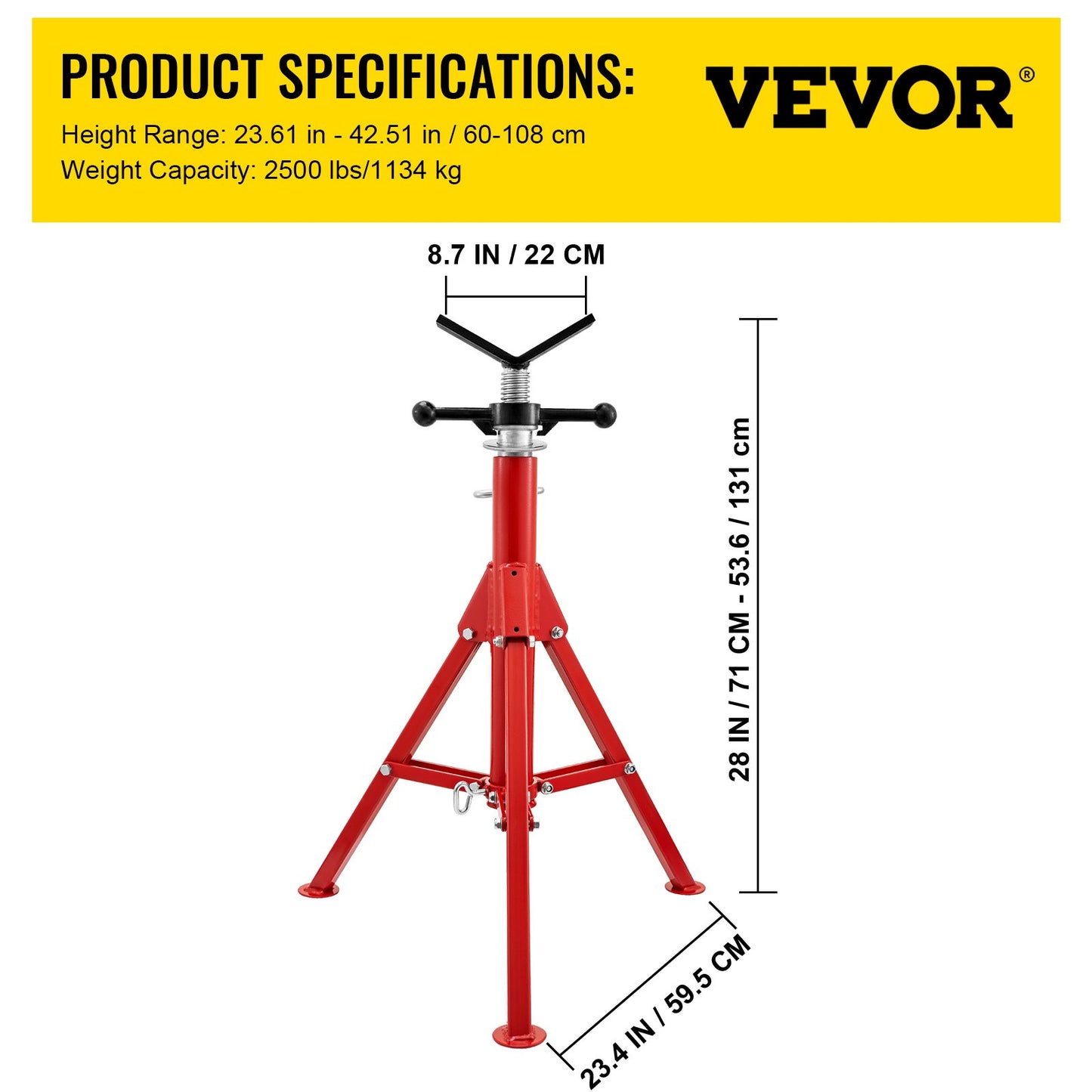 V Head Pipe Stand 1/8\"-12\" Capacity, Adjustable Height 28\"-52", Pipe Jack Stand 2500 lb. Load Capacity, Portable Collapsible Pipe Stands, Carbon Steel Body More Durable