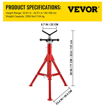 V Head Pipe Stand 1/8\"-12\" Capacity, Adjustable Height 28\"-52", Pipe Jack Stand 2500 lb. Load Capacity, Portable Collapsible Pipe Stands, Carbon Steel Body More Durable