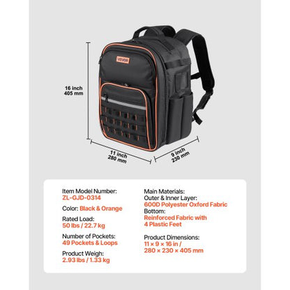 Werkzeugrucksack 49 Taschen Reißfester Arbeitsplatzrucksack für Elektriker