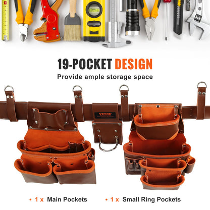 Werkzeuggürtel mit Hosenträgern, 19 Taschen, 73,7–137,2 cm verstellbare Taille, Werkzeuggürtel für Herren, robuste Tischler-Werkzeugtasche aus echtem Leder für Tischler, Elektriker und Gartenarbeiten, Braun