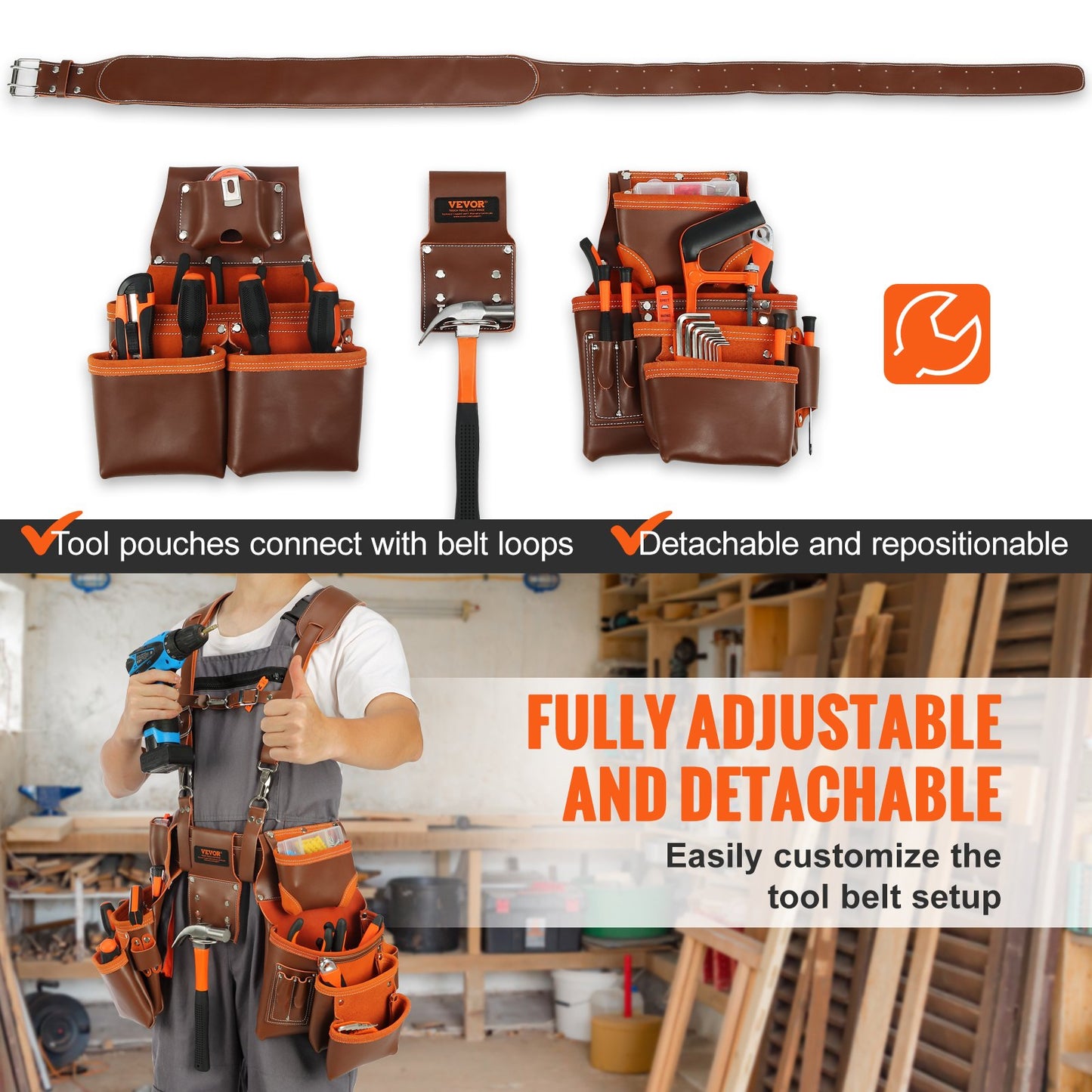 Werkzeuggürtel mit Hosenträgern, 19 Taschen, 73,7–137,2 cm verstellbare Taille, Werkzeuggürtel für Herren, robuste Tischler-Werkzeugtasche aus echtem Leder für Tischler, Elektriker und Gartenarbeiten, Braun