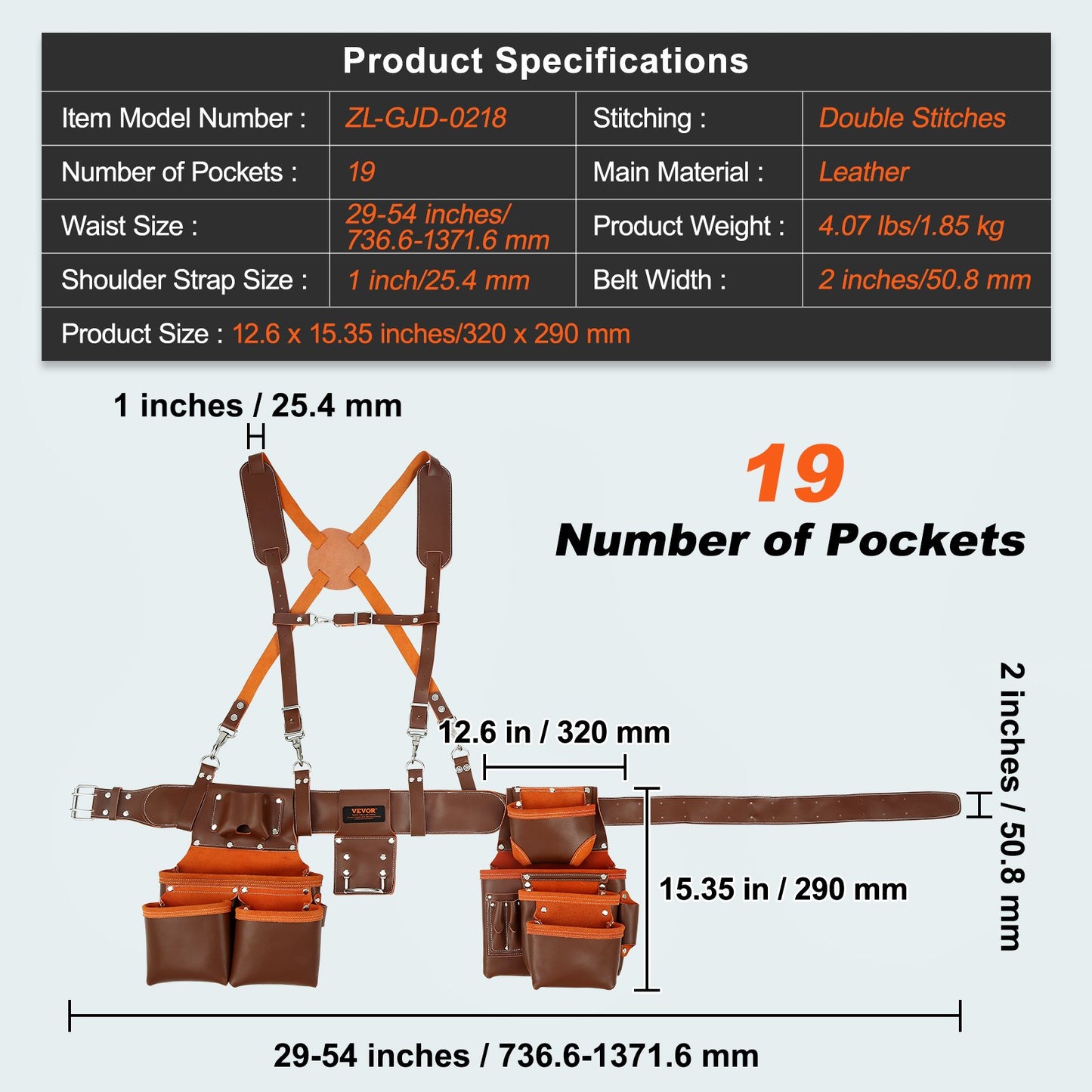 Werkzeuggürtel mit Hosenträgern, 19 Taschen, 73,7–137,2 cm verstellbare Taille, Werkzeuggürtel für Herren, robuste Tischler-Werkzeugtasche aus echtem Leder für Tischler, Elektriker und Gartenarbeiten, Braun