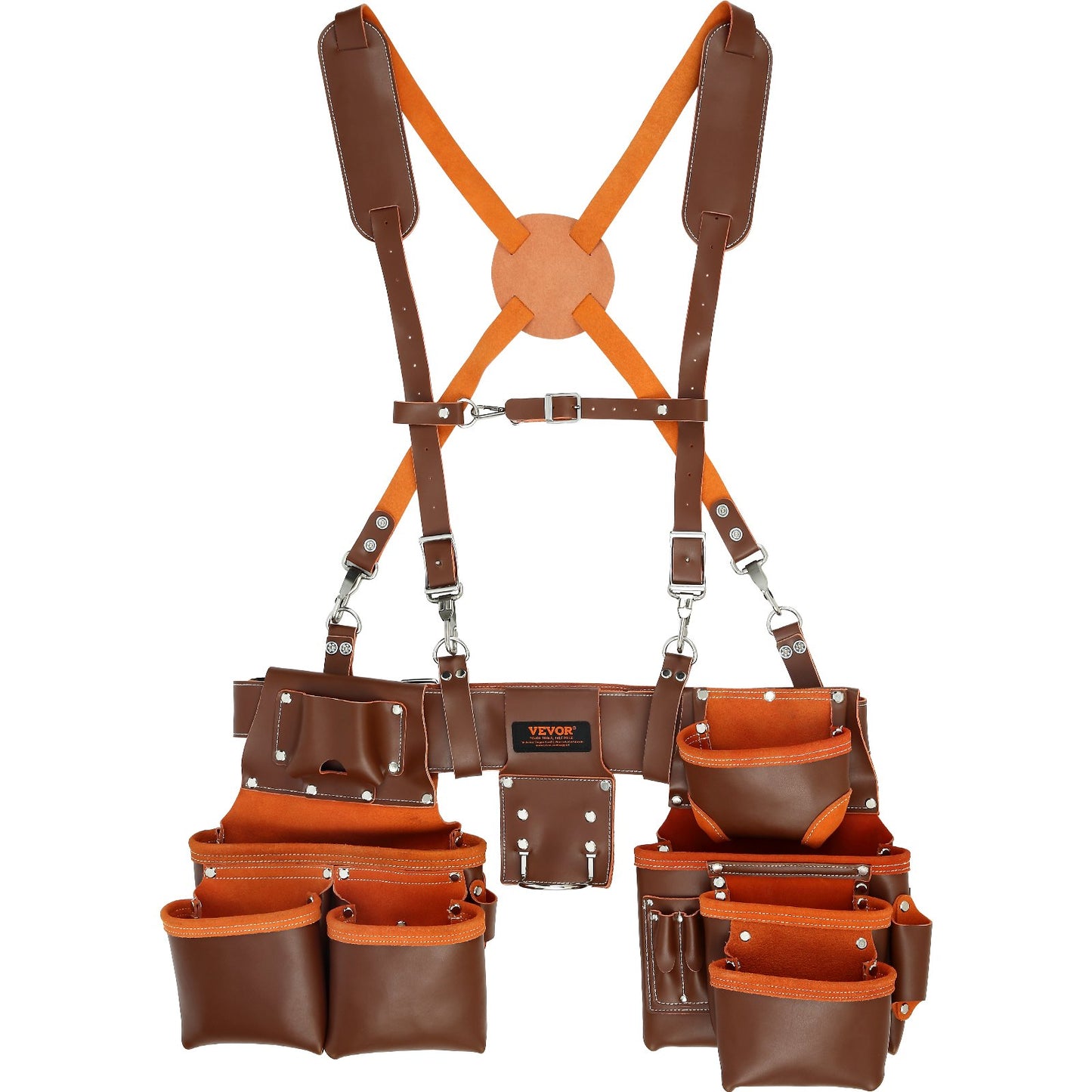 Werkzeuggürtel mit Hosenträgern, 19 Taschen, 73,7–137,2 cm verstellbare Taille, Werkzeuggürtel für Herren, robuste Tischler-Werkzeugtasche aus echtem Leder für Tischler, Elektriker und Gartenarbeiten, Braun