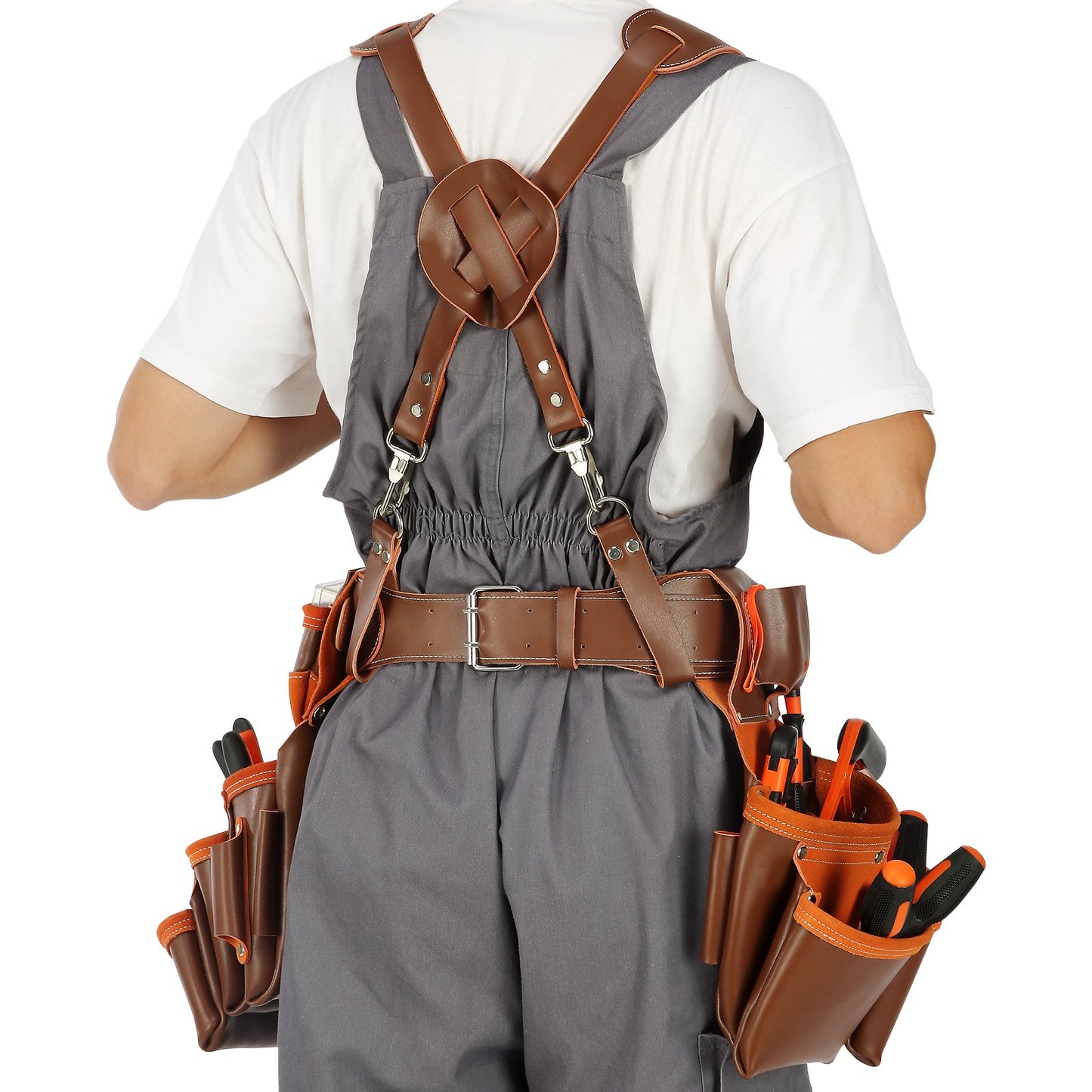 Werkzeuggürtel mit Hosenträgern, 19 Taschen, 73,7–137,2 cm verstellbare Taille, Werkzeuggürtel für Herren, robuste Tischler-Werkzeugtasche aus echtem Leder für Tischler, Elektriker und Gartenarbeiten, Braun