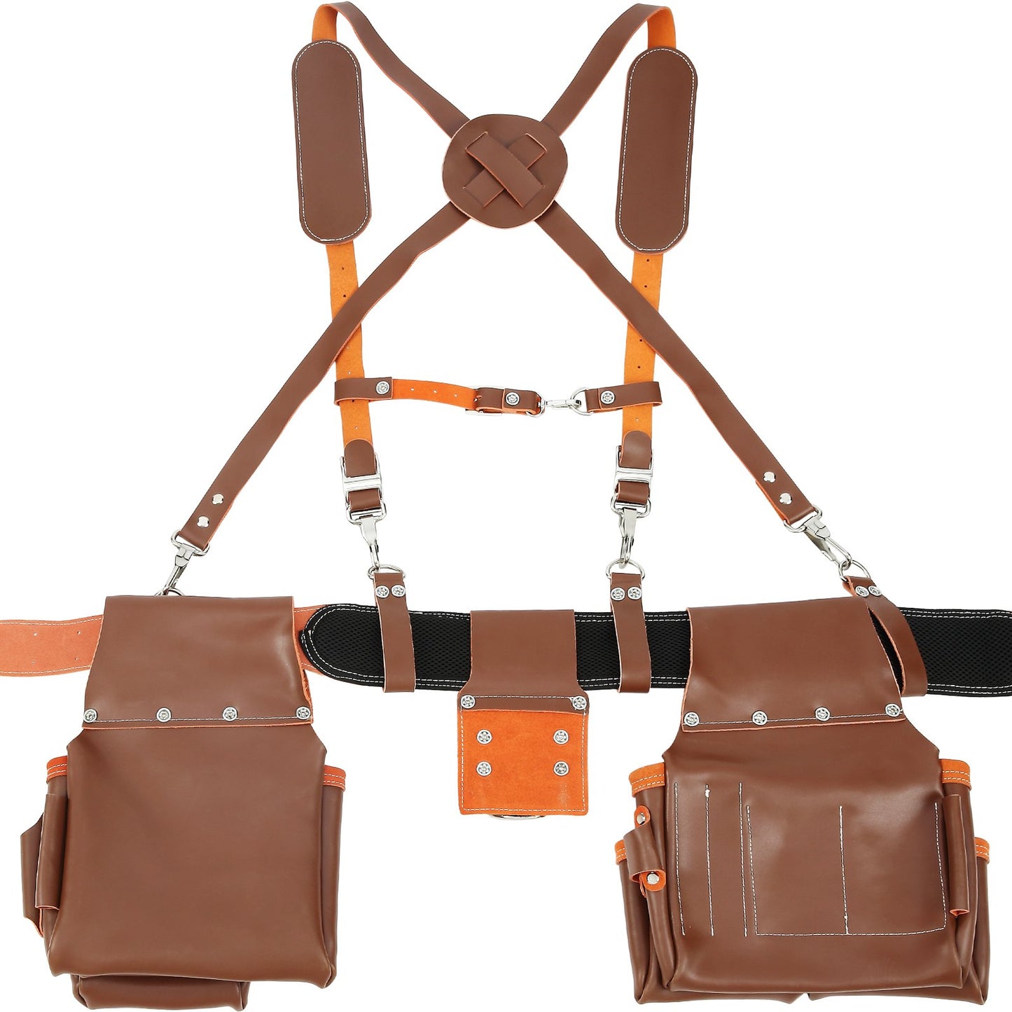 Werkzeuggürtel mit Hosenträgern, 19 Taschen, 73,7–137,2 cm verstellbare Taille, Werkzeuggürtel für Herren, robuste Tischler-Werkzeugtasche aus echtem Leder für Tischler, Elektriker und Gartenarbeiten, Braun