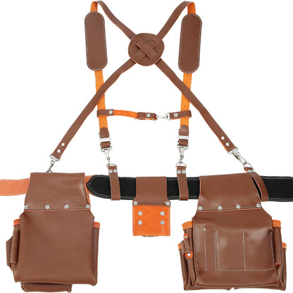 Werkzeuggürtel mit Hosenträgern, 19 Taschen, 73,7–137,2 cm verstellbare Taille, Werkzeuggürtel für Herren, robuste Tischler-Werkzeugtasche aus echtem Leder für Tischler, Elektriker und Gartenarbeiten, Braun