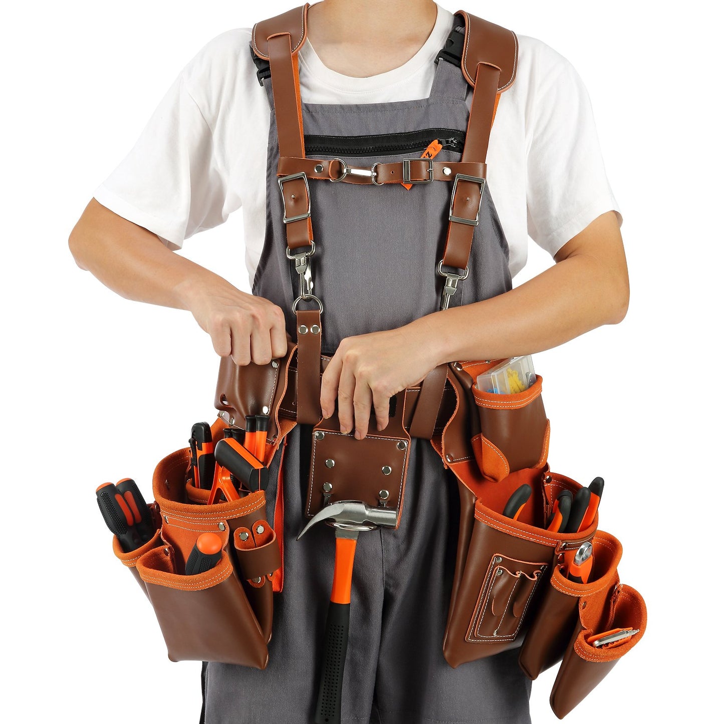Werkzeuggürtel mit Hosenträgern, 19 Taschen, 73,7–137,2 cm verstellbare Taille, Werkzeuggürtel für Herren, robuste Tischler-Werkzeugtasche aus echtem Leder für Tischler, Elektriker und Gartenarbeiten, Braun