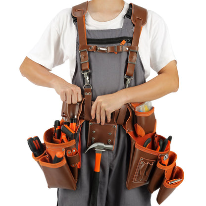 Werkzeuggürtel mit Hosenträgern, 19 Taschen, 73,7–137,2 cm verstellbare Taille, Werkzeuggürtel für Herren, robuste Tischler-Werkzeugtasche aus echtem Leder für Tischler, Elektriker und Gartenarbeiten, Braun