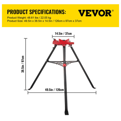 Kedjeskruvstycke med stativstativ | 1/8"-6" rörkapacitet | 1323 lbs lastkapacitet | Bärbart stativ med hopfällbara ben och verktygsbricka | Idealisk för VVS- och rörarbeten