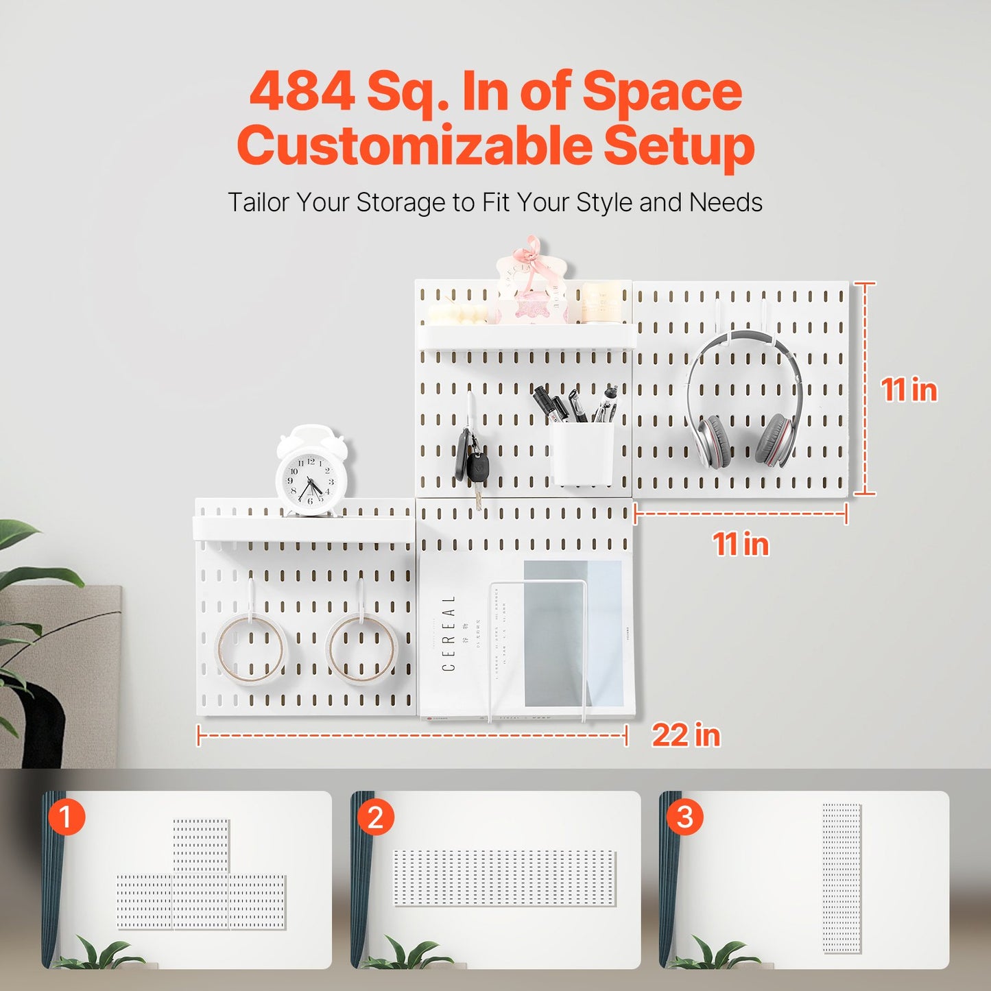 Pegboard Combination Kit 11 x 11" Plastic Pegboard 4 Panels for Home White