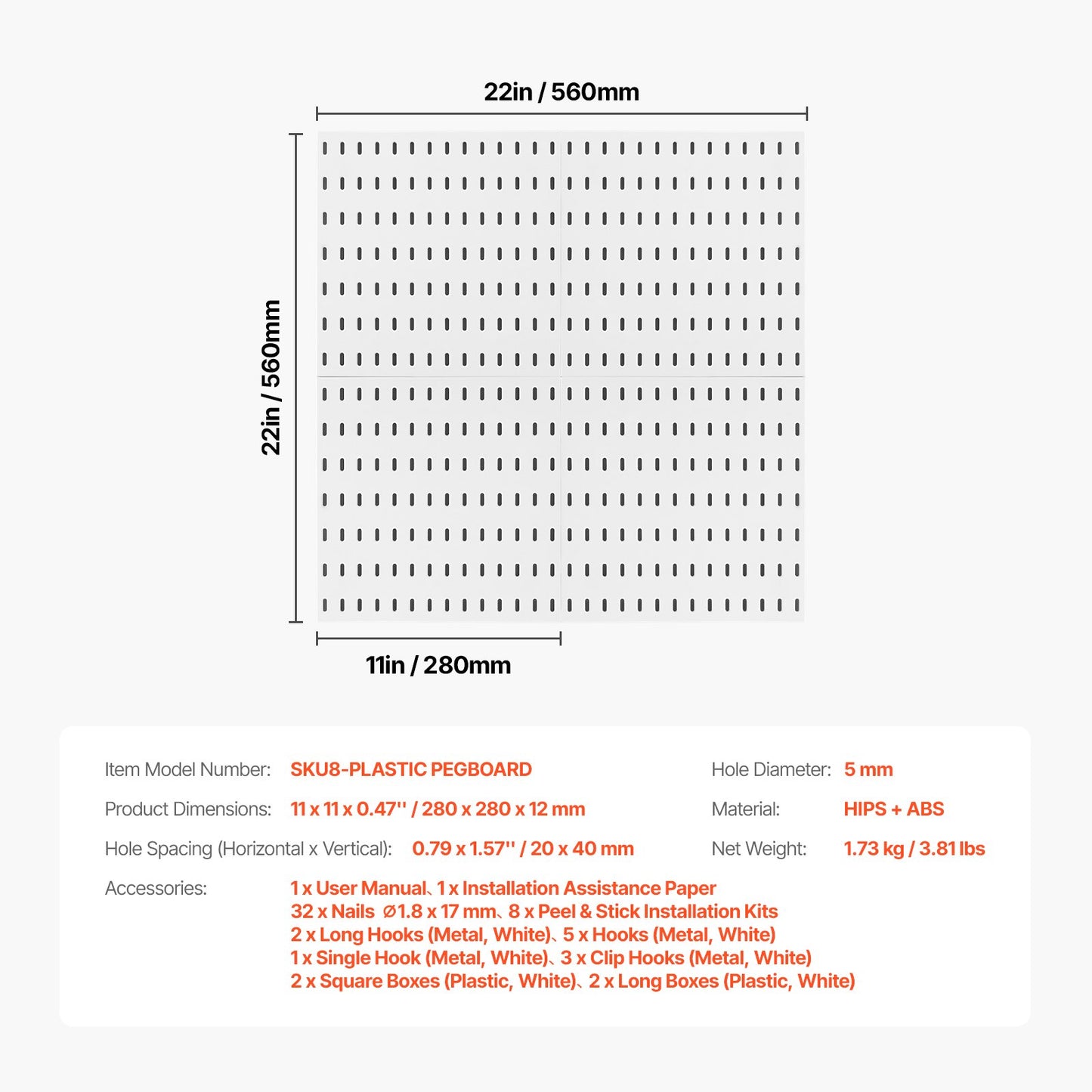 Pegboard Combination Kit 11 x 11" Plastic Pegboard 4 Panels for Home White