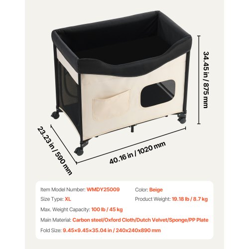 Elevated Lounge Pet Bed Hopfällbar våningssäng för hundar med hjul och sidoväskor XL |  EU