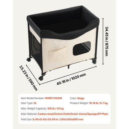 Elevated Lounge Pet Bed Hopfällbar våningssäng för hundar med hjul och sidoväskor XL |  EU