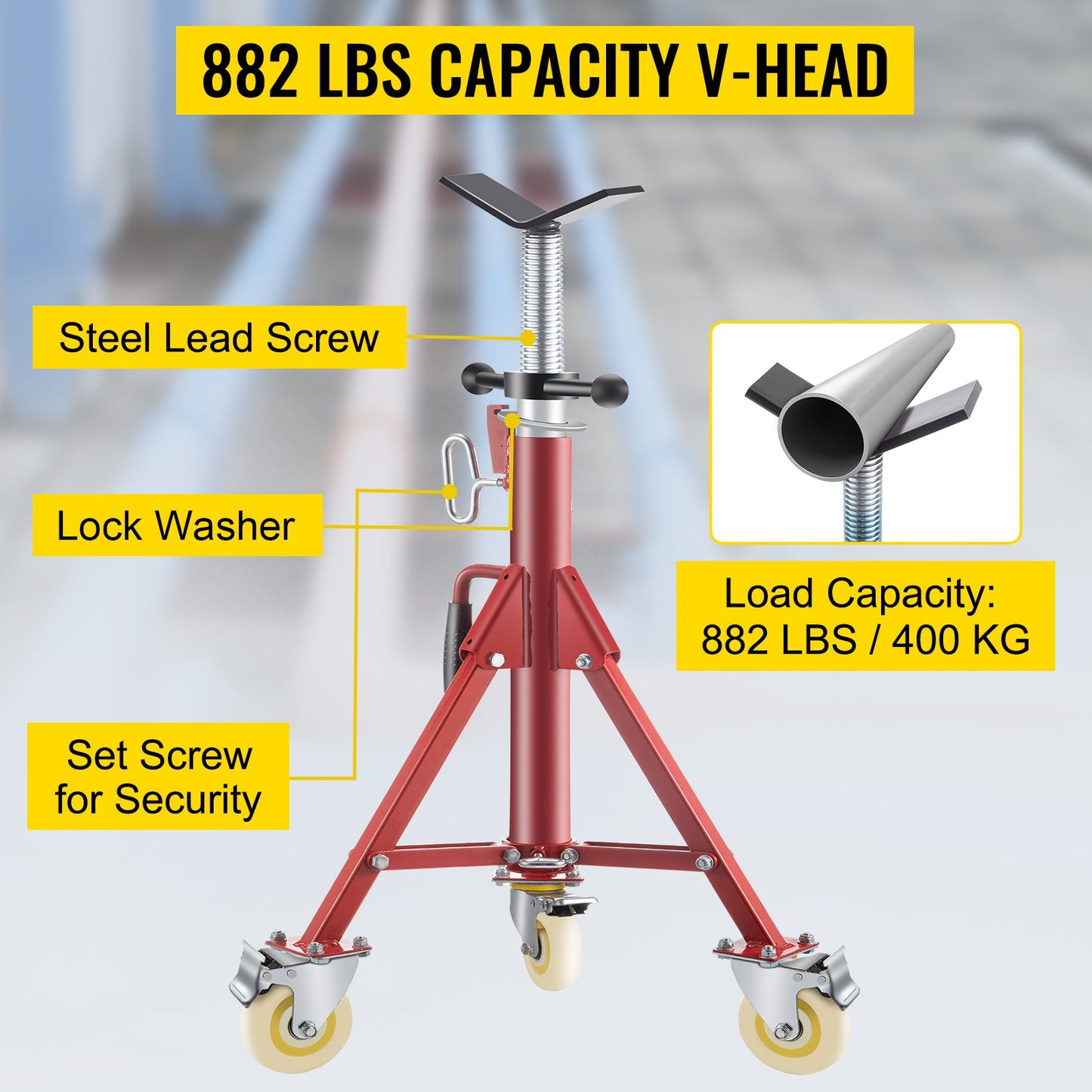 Pipe Stand, Pipe Jack Stand, V Head Pipe Stand Adjustable Height 28-52 Inch, Pipe Jack Stand with Wheels 882 LB, Foldable Portable Pipe Stands 1/8 to 12 Inch Pipe Support, Steel Jack Stand