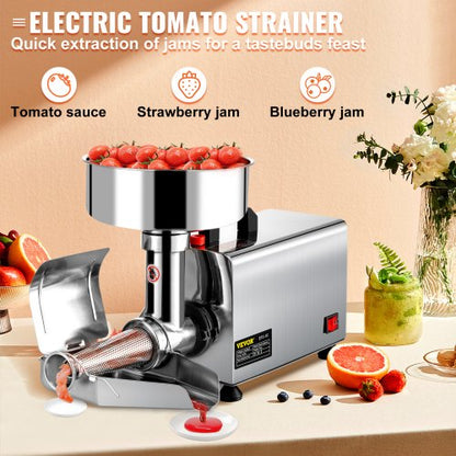 elektrisches Tomatensieb, 370 W, Tomatenmühle aus Edelstahl, Tomatensoßenmaschine, Tomatensoßenmaschine mit reinem Kupfermotor, 90–160 kg pro Stunde für Lebensmittelsieb und Soßenmaschine | EU