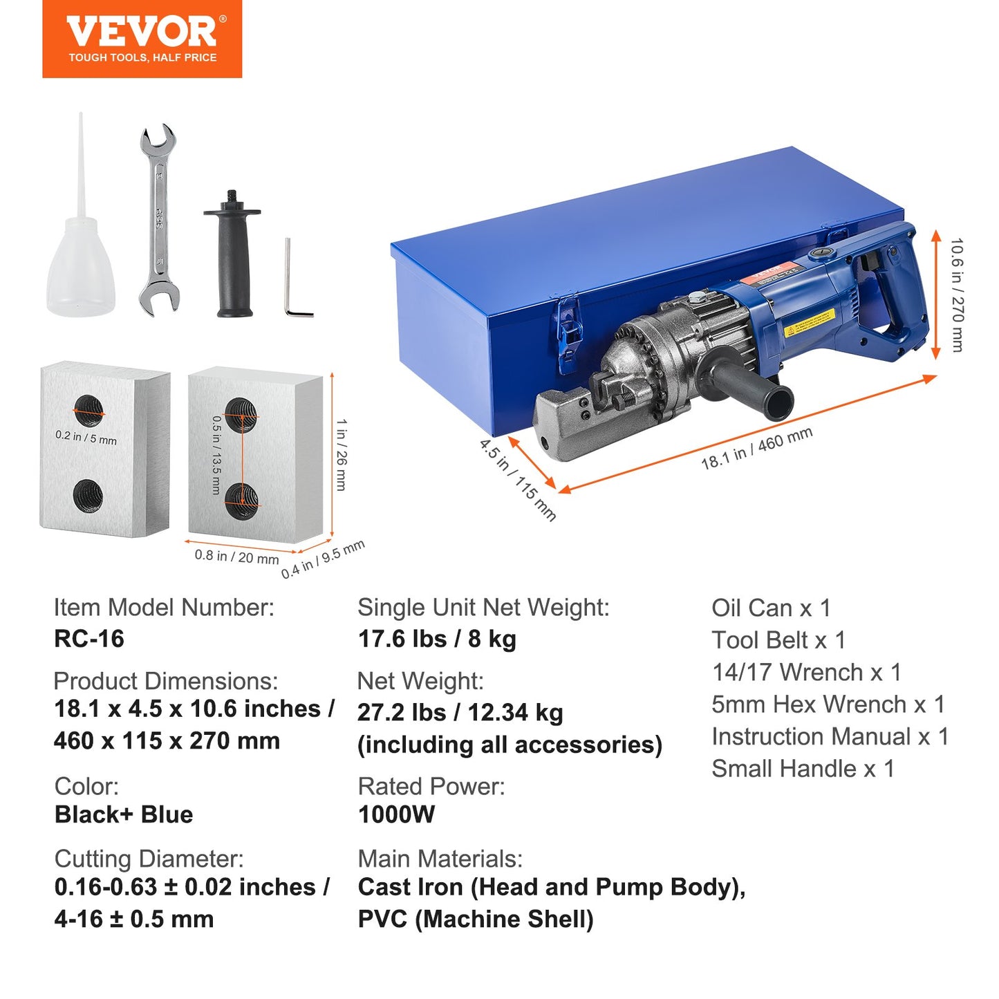 1000W elektrisk hydraulisk armeringsjärnsskärare upp till 5/8 tum (4-16 mm) #5 armeringsjärn