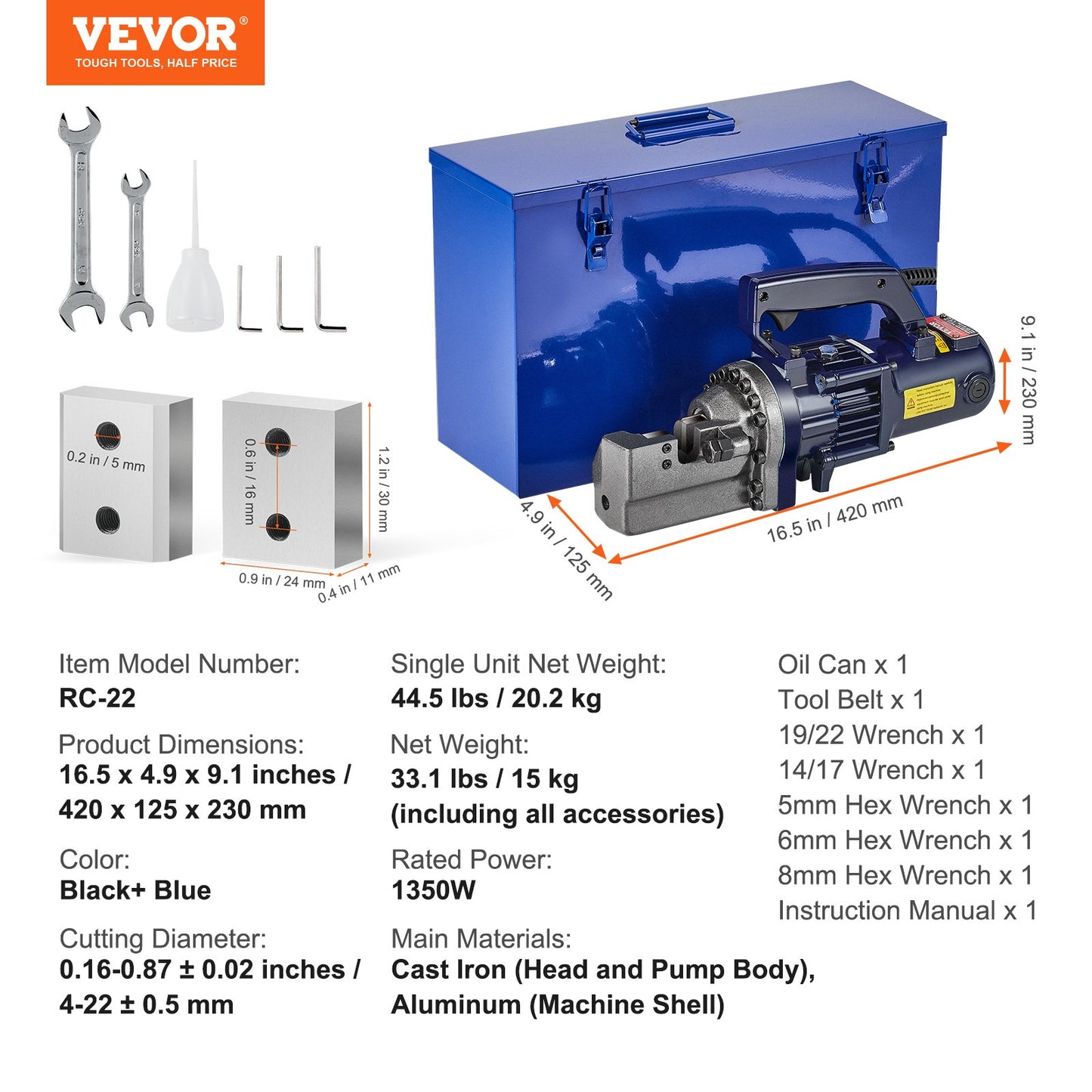 1350W elektrisk hydraulisk armeringsjärnsskärare upp till 7/8 tum #7 (4-22 mm) armeringsjärn