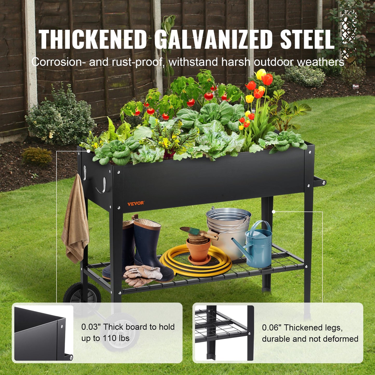 Raised Garden Bed, 42.5 x 19.5 x 31.5 Inch Galvanized Metal Planter Box, Elevated Outdoor Planter Boxes with Legs, for Growing Flowers/Vegetables/Herbs in Backyard/Garden/Patio/Balcony, Black
