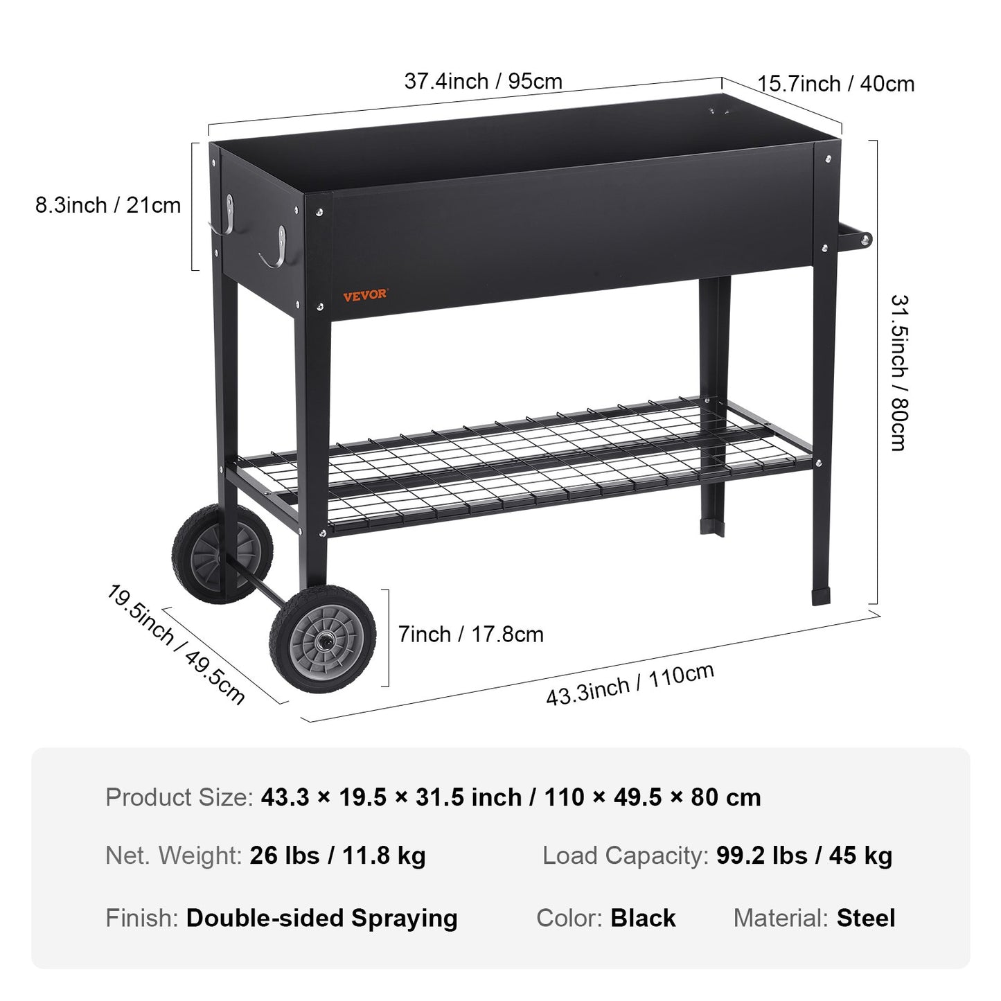 Raised Garden Bed, 42.5 x 19.5 x 31.5 Inch Galvanized Metal Planter Box, Elevated Outdoor Planter Boxes with Legs, for Growing Flowers/Vegetables/Herbs in Backyard/Garden/Patio/Balcony, Black