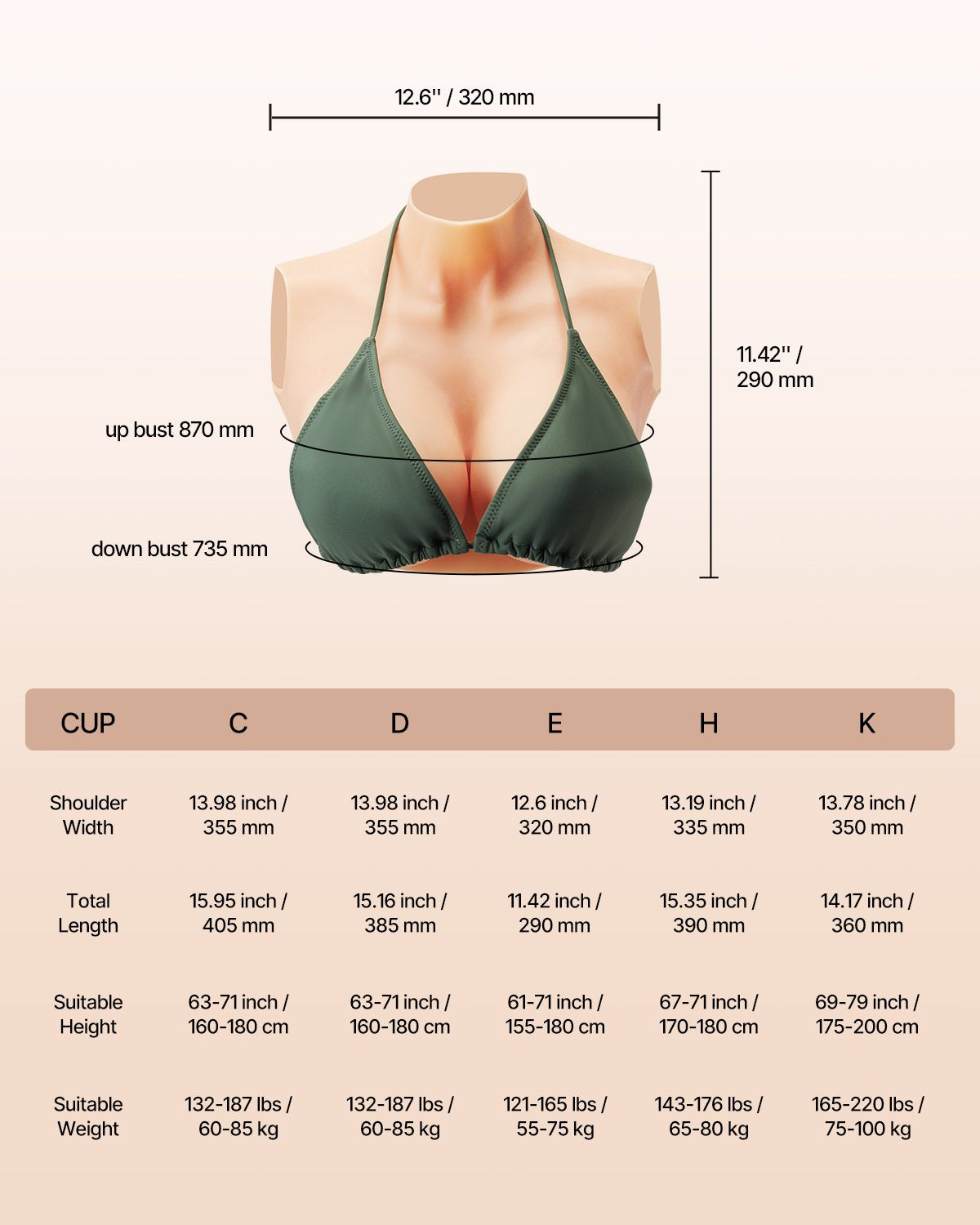 Silicone Breast Plate E-Cup High Neck Fake Breasts for Cosplay Drag Queen