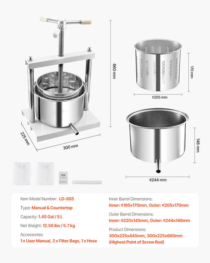 Fruit Wine Press Manual Press for Winemaking 1.45 Gal/5L Stainless Steel