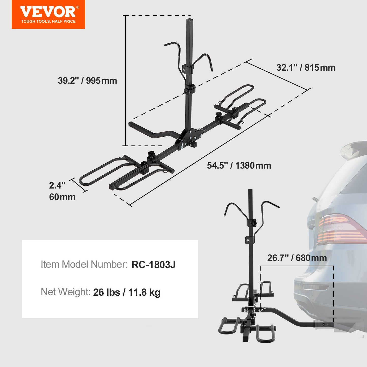 Hitch Mount Bike Rack, 2-Bike Platform Style, 80 LBS Max Capacity Bike Rack Hitch for 1.25-/2-Inch Receiver, Titling and Folding Bike Rack with Tires up to 2.4" Wide, for Car, SUV, Truck, RV, Rectangular Interface