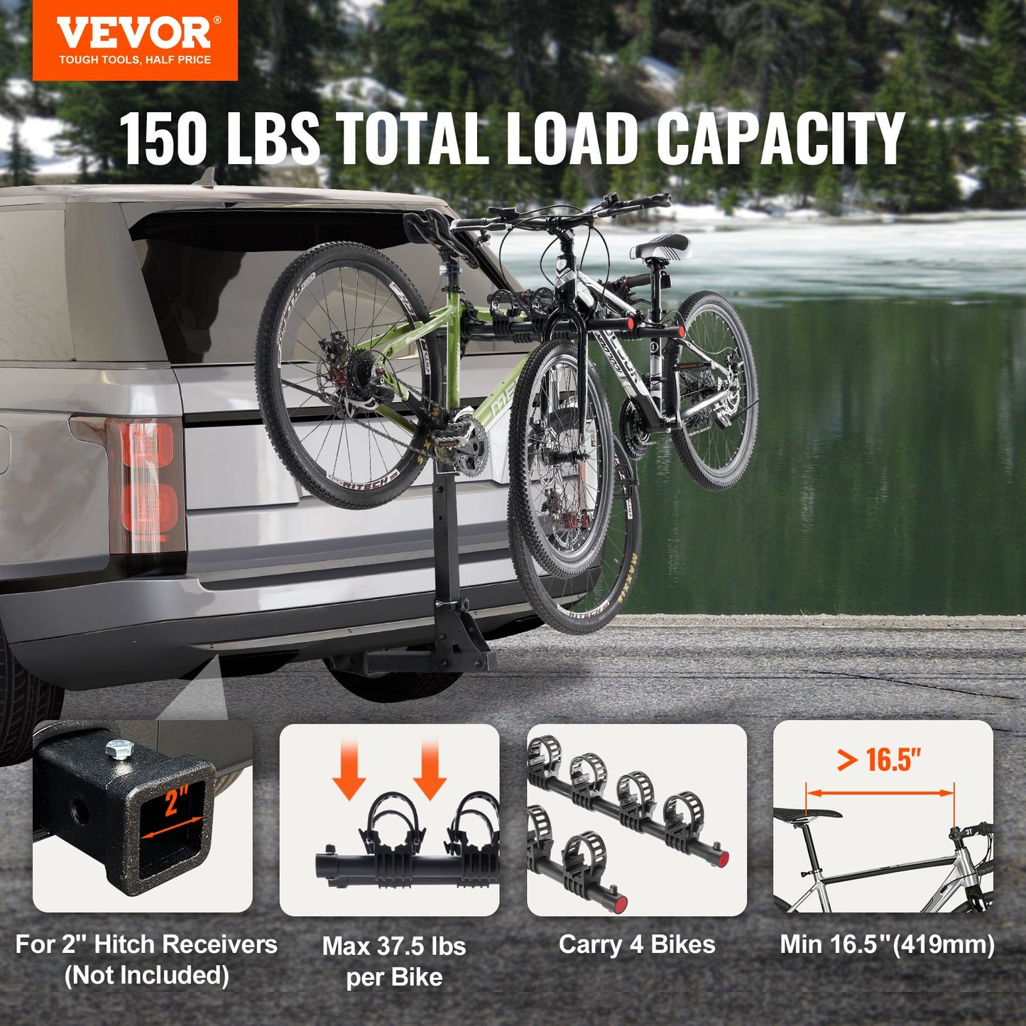 Hitch Mount Bike Rack, 4-Bike Rack, 150 LBS Bike Rack Hitch for 2-Inch Receiver, Titling and Folding Bike Rack with No-Wobble U-Bolt and Strap, for Car, SUV, Truck, RV, Rectangular Interface