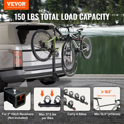 Hitch Mount Bike Rack, 4-Bike Rack, 150 LBS Bike Rack Hitch for 2-Inch Receiver, Titling and Folding Bike Rack with No-Wobble U-Bolt and Strap, for Car, SUV, Truck, RV, Rectangular Interface