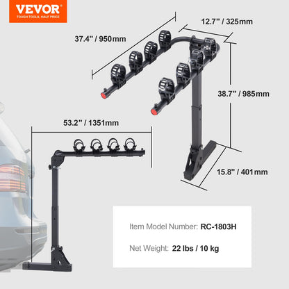 Hitch Mount Bike Rack, 4-Bike Rack, 150 LBS Bike Rack Hitch for 2-Inch Receiver, Titling and Folding Bike Rack with No-Wobble U-Bolt and Strap, for Car, SUV, Truck, RV, Rectangular Interface