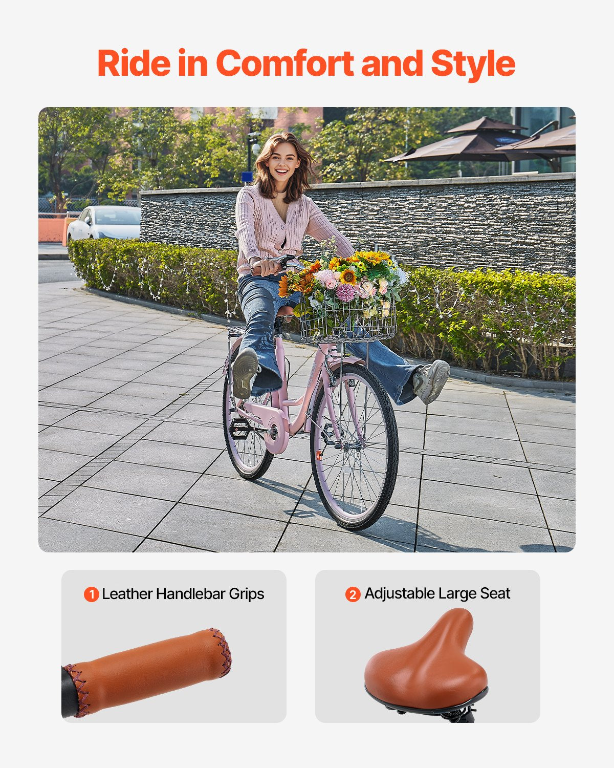 26 Inch Cruiser Bike 1-Speed Pink Beach Cruiser Bike with Basket