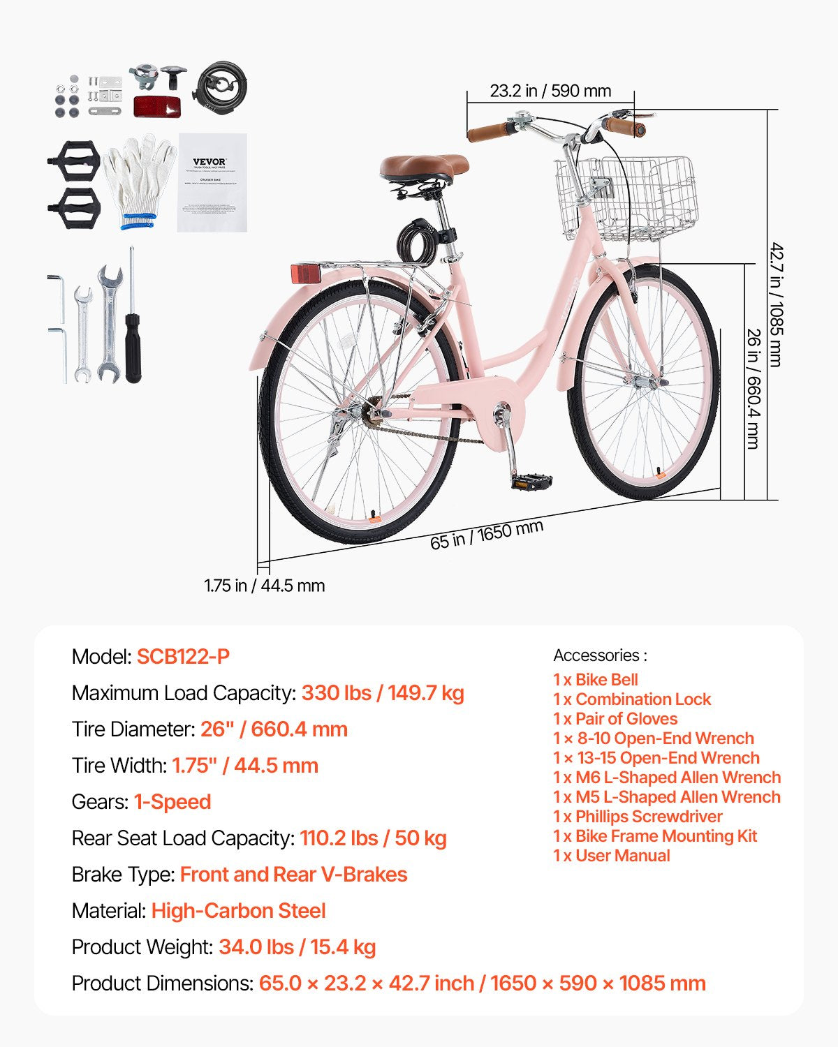 26 Inch Cruiser Bike 1-Speed Pink Beach Cruiser Bike with Basket