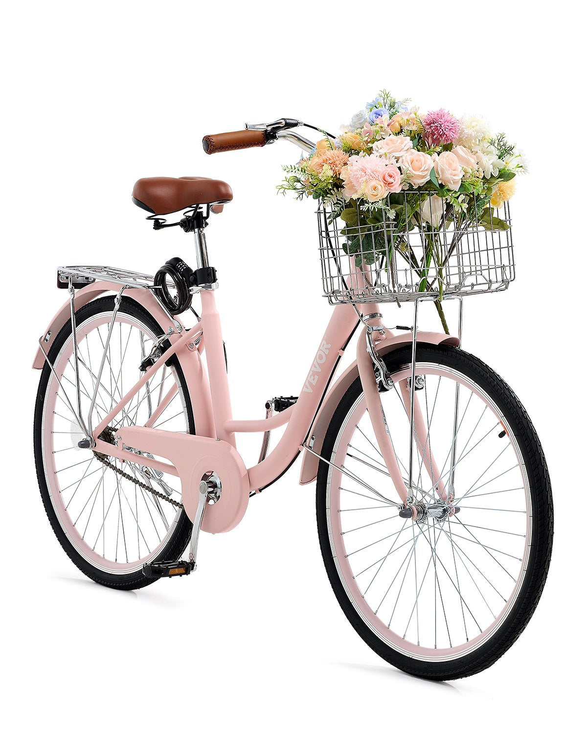 26 Inch Cruiser Bike 1-Speed Pink Beach Cruiser Bike with Basket