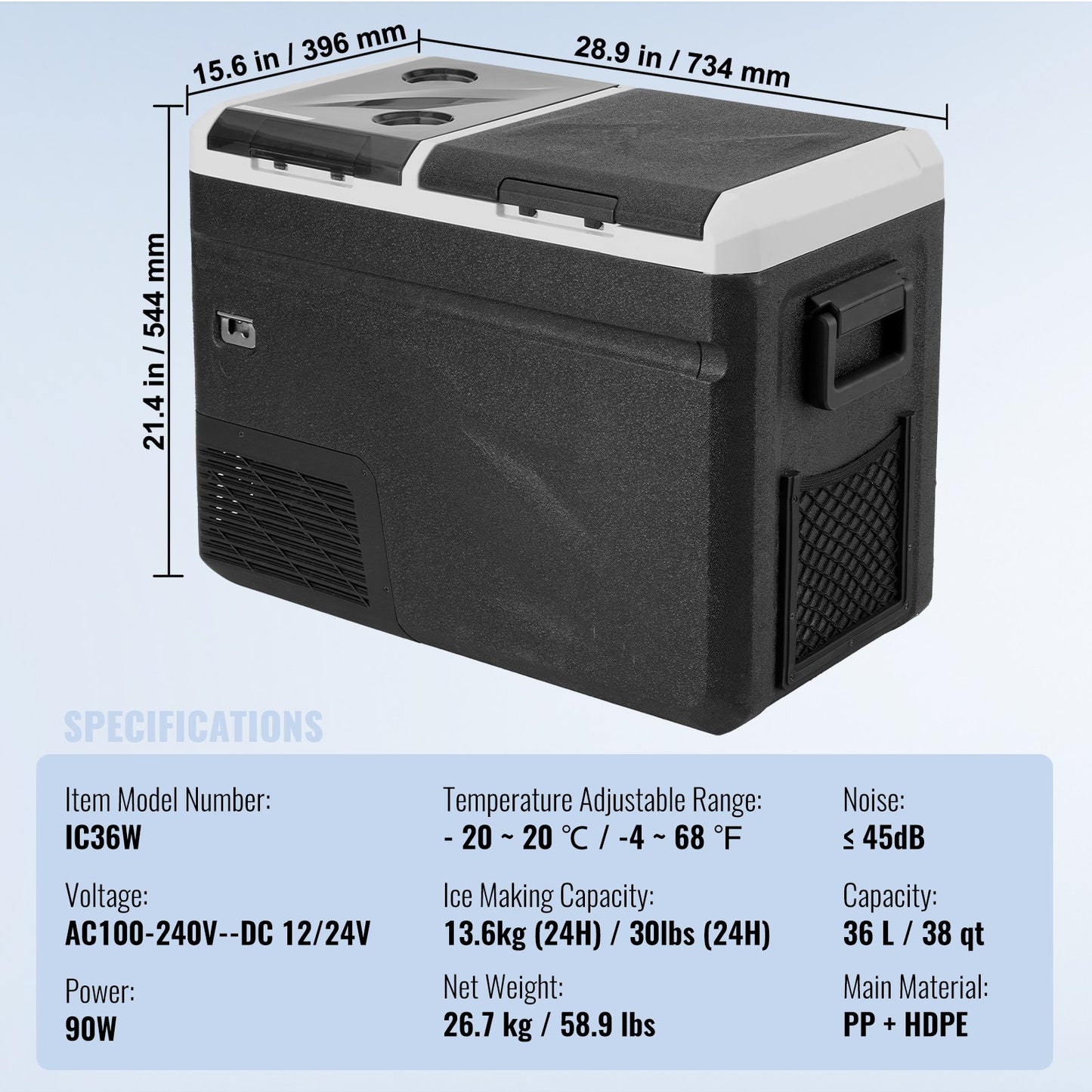 Portable Car Refrigerator Freezer with Ice Making Function 36 L Dual Zone
