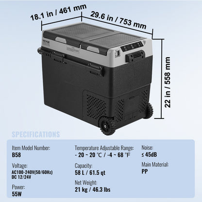 Portable Car Refrigerator Freezer Compressor 58 L Dual Zone for Home Car