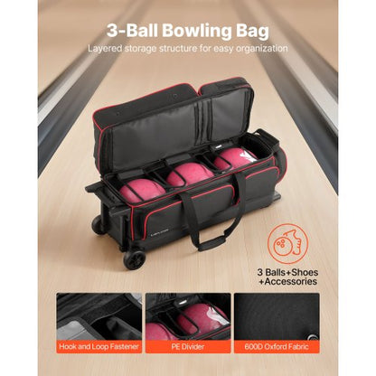 Bowlingtasche für 3 Bälle mit Rollen, Bowlingtasche mit Doppelrollen, Schuhfach