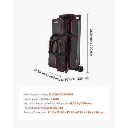 Bowlingtasche für 3 Bälle mit Rollen, Bowlingtasche mit Doppelrollen, Schuhfach